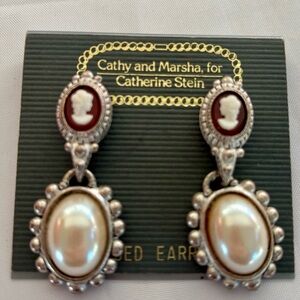 Vintage Catherine Stein Silver tone Cameo & Faux Pearl Earrings NEW